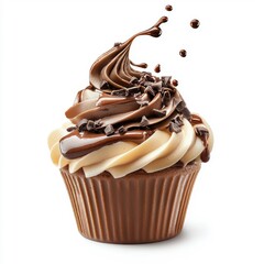 Chocolate mousse with circular sauce splash swirl isolated on a white background, creating an artistic effect.