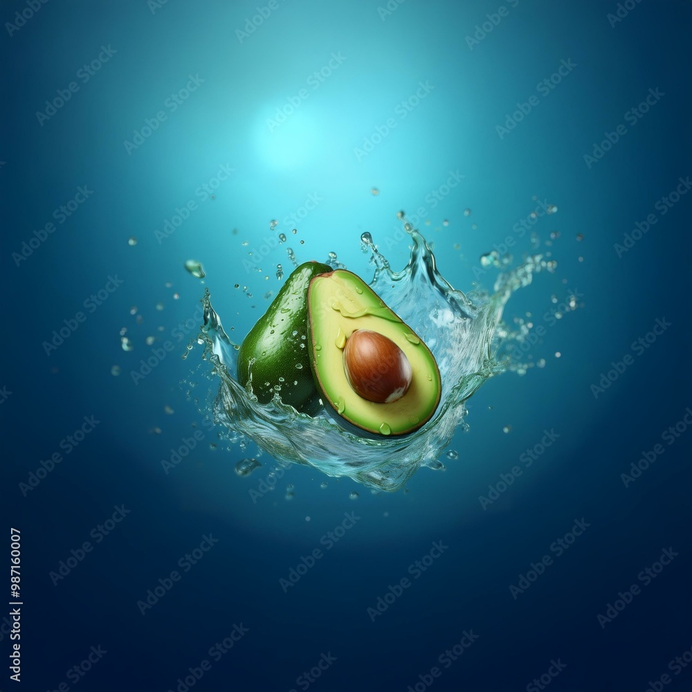 Poster a halved avocado and a whole avocado are submerged in water, creating a splash.