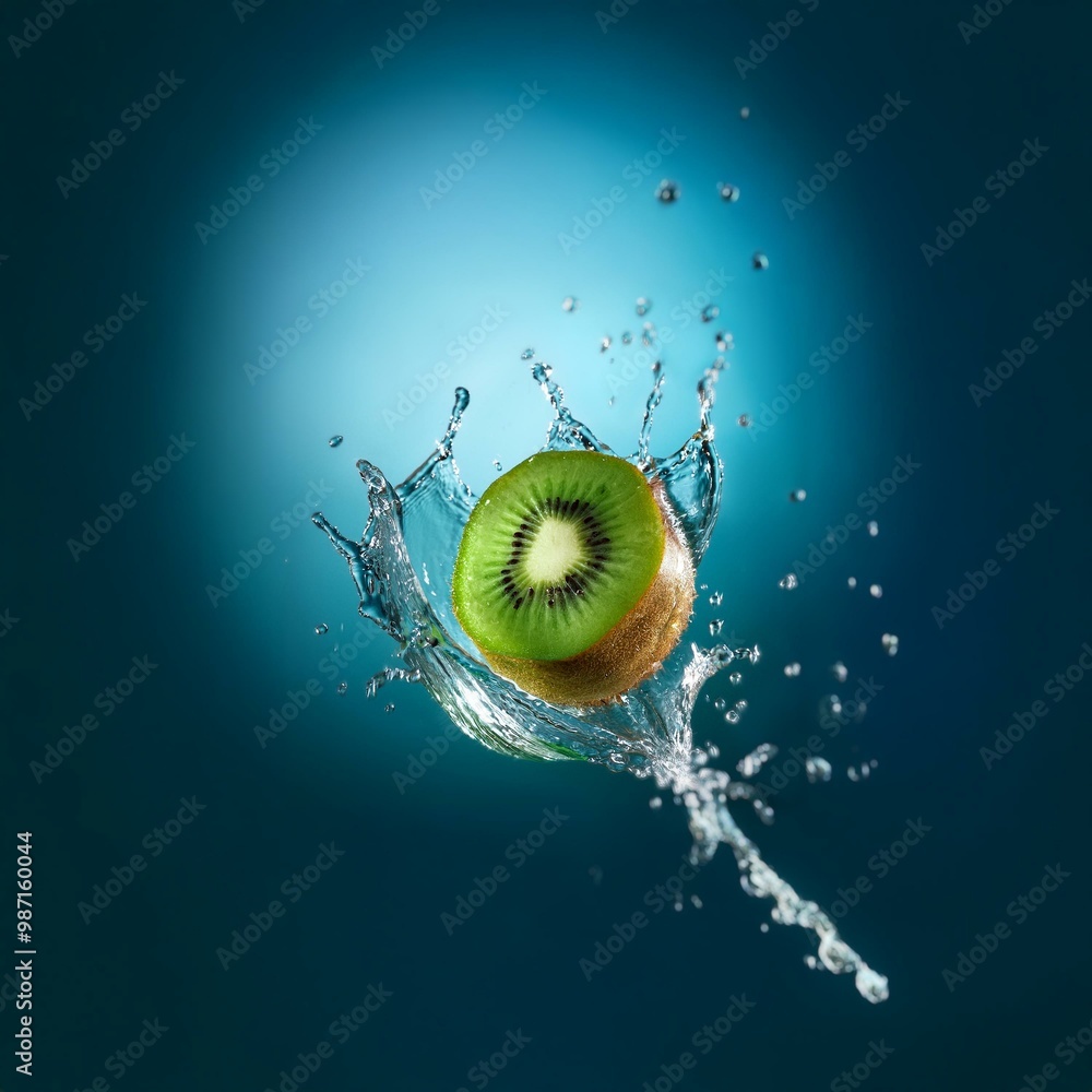 Aufkleber a kiwi fruit slice falls into a pool of water, creating a splash.