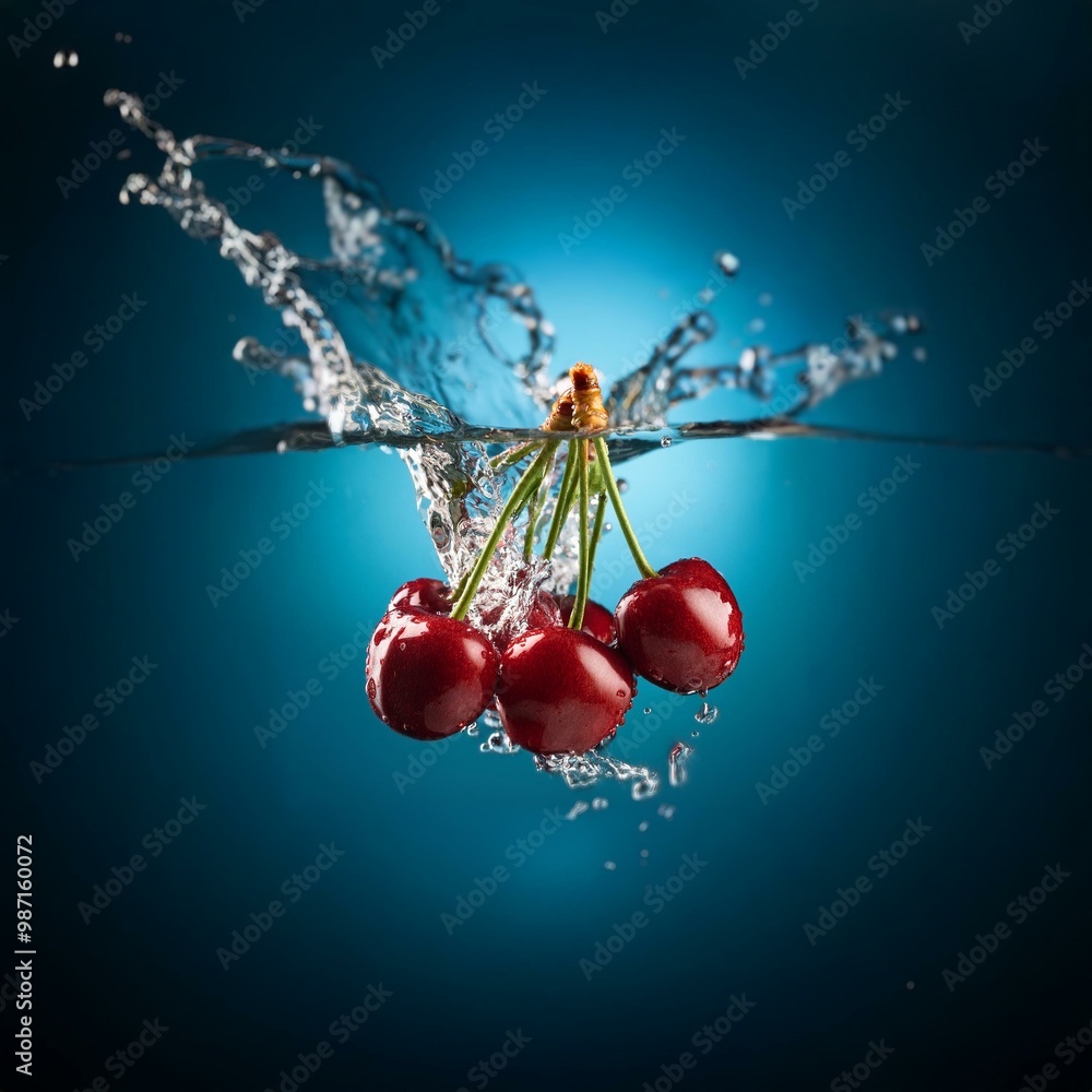 Poster Cherries falling into water, creating a splash with bubbles.