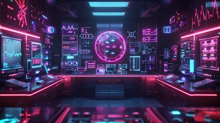 Obraz premium Futuristic neon lit cyberpunk style digital dashboard with vibrant glowing displays technical information panels and data visualization elements