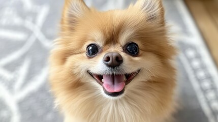 A close-up of a fluffy Pomeranian dog smiling widely, its tongue out and eyes sparkling with joy, standing on a cozy rug indoors, capturing a moment of pure happiness.