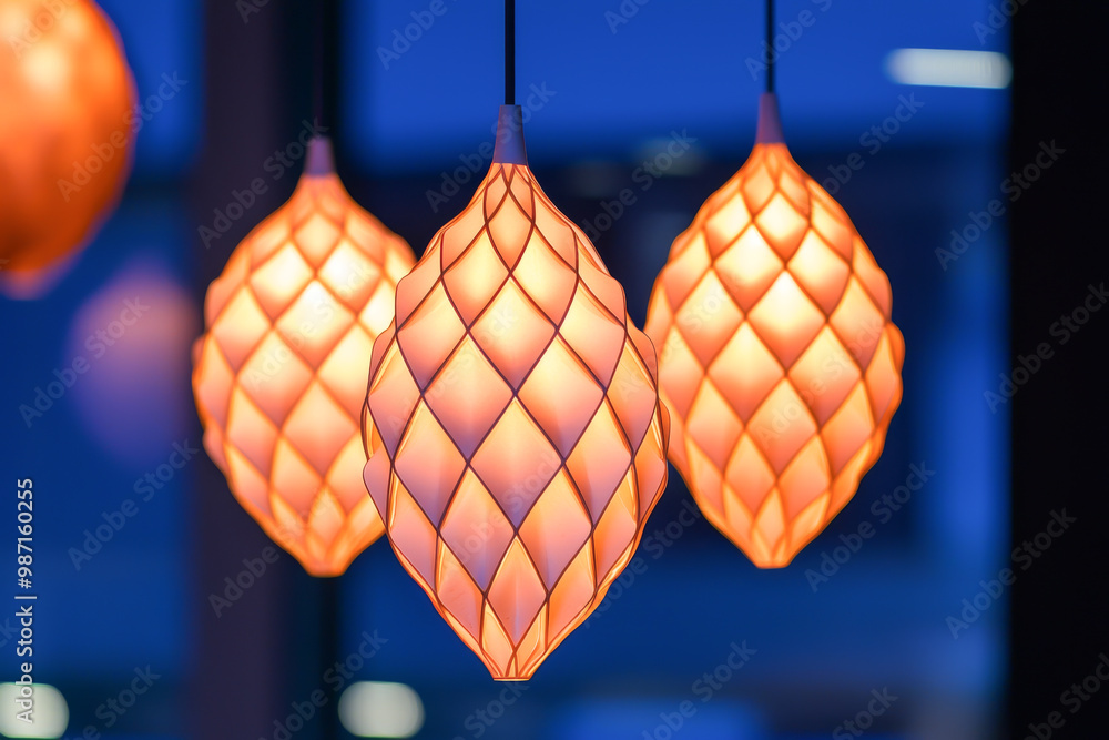 Poster three artistic lamps with a unique design, casting warm illumination in a modern setting under a dee