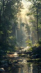 Obraz premium A serene forest scene with sunlight filtering through trees and a gentle stream.