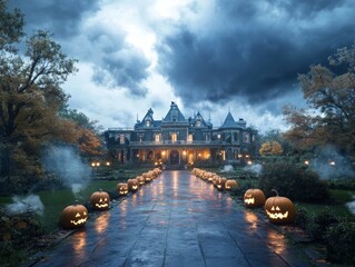 Obraz premium Gothic haunted mansion with detailed jack o lantern carvings lining the pathway intricate cobwebs