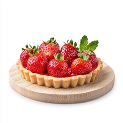 Strawberry tart on a wooden tray, isolated on a white background, giving a rustic and warm feel.