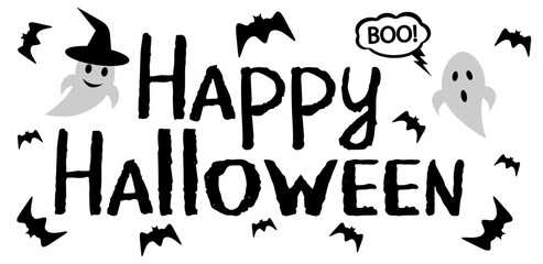 Happy halloween banner with ghosts and bats flying. Vector illustration