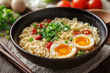 homemade ramen with eggs and noodles , ai