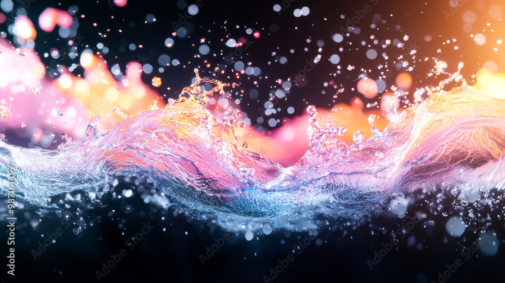 Poster vibrant splash of water with colorful bokeh effect, creating a dynamic and lively atmosphere perfect
