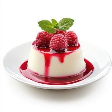 Panna cotta with raspberry topping on a plate, isolated on a white background, showcasing a refined and elegant dessert.