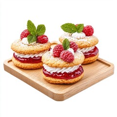Raspberry cookie sandwich served on a wooden tray, isolated on a white background, adding a rustic and inviting touch.