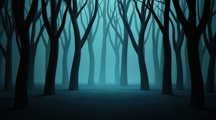 Obraz premium Mysterious forest with dark trees and ethereal blue fog, creating an eerie atmosphere.