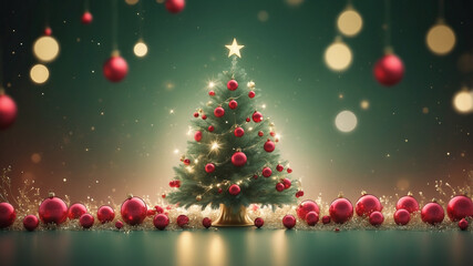Fototapeta premium Christmas Tree Sparkles, A vibrant abstract background filled with sparkling lights and hints of Christmas tree branches. The green of the tree blends seamlessly with twinkling ornaments