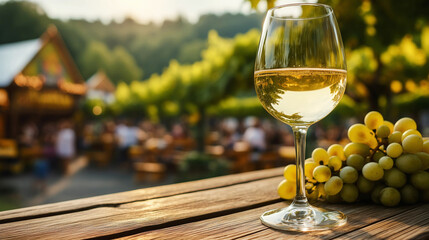 Weinfest in Rhenihessen im Herbst mit Riesling im Wein Glas
