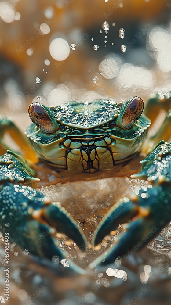 Poster Close-Up of a Green Crab in Water with Bokeh