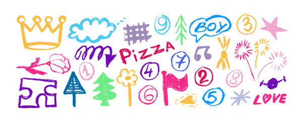Fototapeta premium Collection of hand drawn colorful charcoal doodle shapes and squiggles in childish girly style. Pencil drawings. Crown, arrows, flower, christmas tree, numbers and grid doodle collage