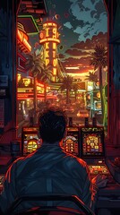 A person sits at a gaming machine, overlooking a vibrant cityscape at sunset.