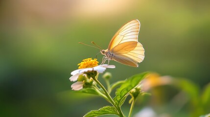 Close-up of a yellow butterfly perched on a white flower in soft sunlight