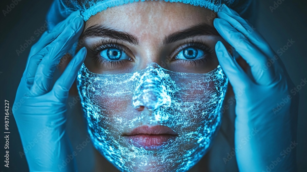 Poster a dermatologist using a 3d hologram of skin layers to diagnose complex skin conditions like psoriasi