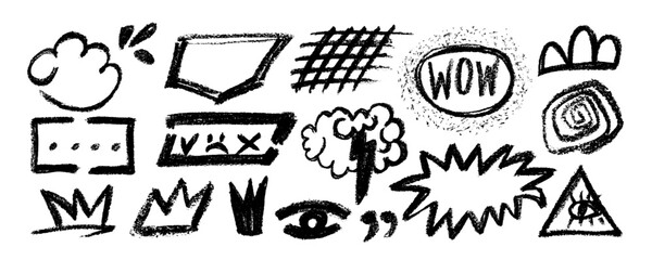 Collection organic grunge bold shapes, cloud, crown, grid, eye, speech bubble, curved lines and dots. Geometric vector set in Memphis style. Hand drawn charcoal geometric pattern.