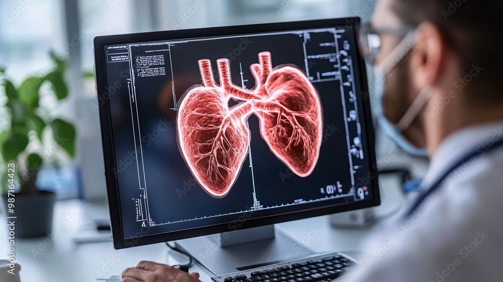 Poster cardiologists studying a 3d hologram of the human cardiovascular system to assess blood flow and dia