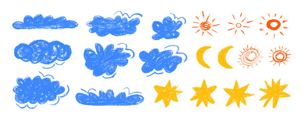 Cute crayon drawing kids style blue clouds, yellow sun and moon, stars and rain drops. Hand drawn doodle clouds set collection with charcoal texture. Various pencil childish icons, weather elements