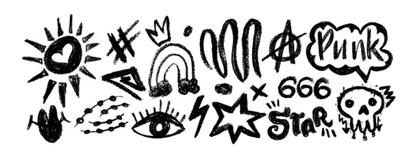 Vector set charcoal graffiti doodle punk and girly shapes . Hand drawn abstract scribbles and squiggles, creative various shapes, pencil drawn icons. Scribbles, scrawls, stars, crown,  punk, rock.