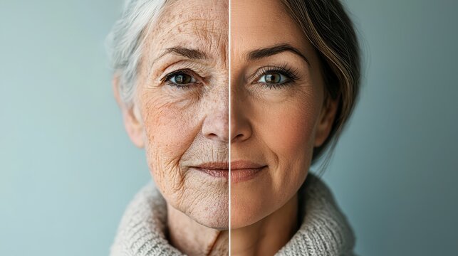 Split view showing the aging process with one side of the face young and the other old, representing youth versus aging concept.