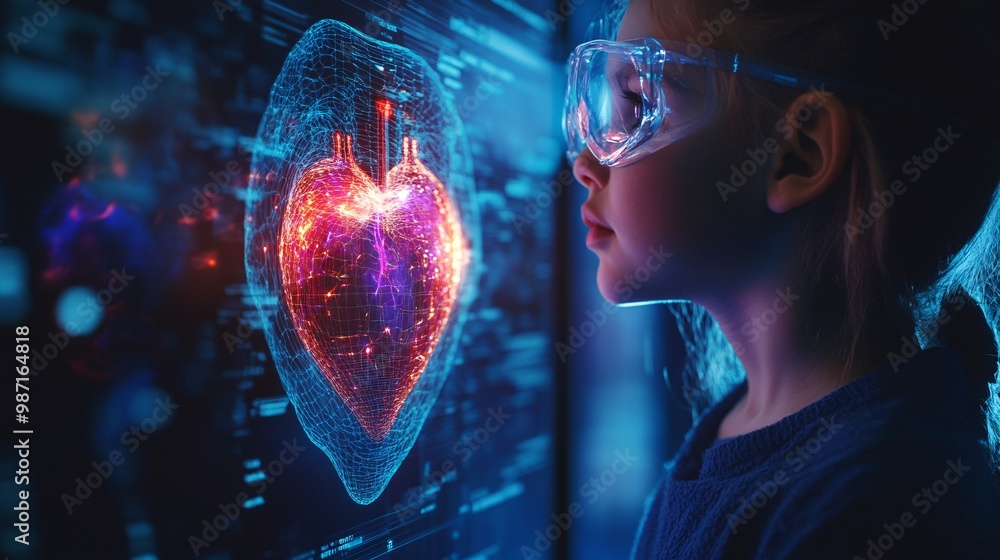 Poster Pediatric specialists viewing a holographic display of a childs heart to assess the severity of a congenital heart defect Large space for text in center Stock Photo with copy space