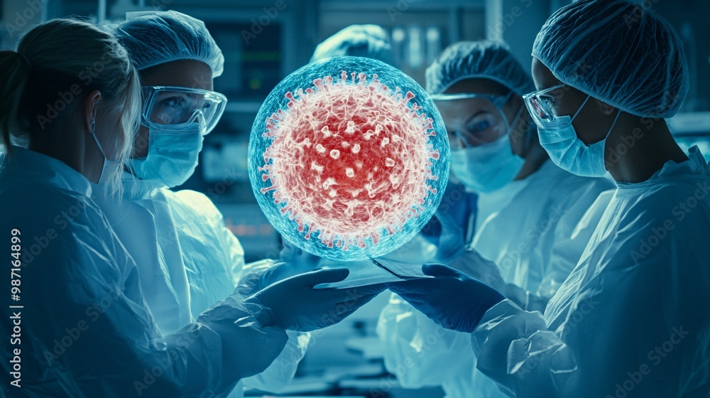 Poster A team of cancer doctors using a 3D hologram to visualize a tumors exact dimensions and locations before treatment Large space for text in center Stock Photo with copy space