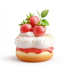 3D cartoon-style bun bread with strawberry, isolated on a white background, featuring a fun and whimsical design.
