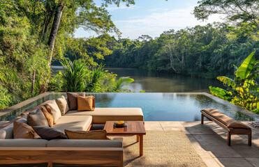 Obraz premium A spacious outdoor living area with an infinity pool, comfortable seating, and lush greenery in the background, located on a riverbank surrounded by rainforest