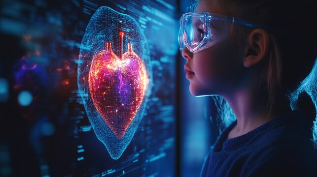 Pediatric specialists viewing a holographic display of a childs heart to assess the severity of a congenital heart defect Large space for text in center Stock Photo with copy space