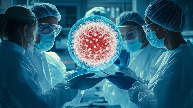 A team of cancer doctors using a 3D hologram to visualize a tumors exact dimensions and locations before treatment Large space for text in center Stock Photo with copy space