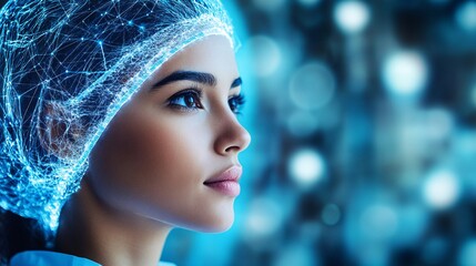 A dermatologist using holographic imaging to study layers of skin in order to detect early signs of serious skin diseases Large space for text in center Stock Photo with copy space