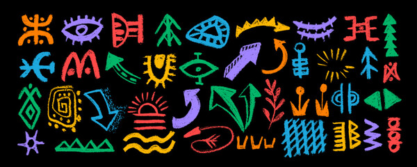 Vector set with african, mexican, indian elements, tribal shapes and textile ornaments. Traditional ritual shapes, ethnic circles and borders. Mystic symbols , folk shapes