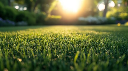 Sunlight filters through trees, casting a warm glow over a lush green lawn in a serene garden setting, evoking tranquility and natural beauty.