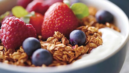 Fototapeta premium Yogurt, granola, strawberries, blueberries, raspberries.