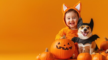 Joyful child in a pumpkin costume holding a corgi dressed as a bat among pumpkins in a festive autumn setting