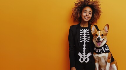 Young woman with curly hair and her corgi in matching skeleton outfits against a vibrant yellow backdrop during a festive celebration
