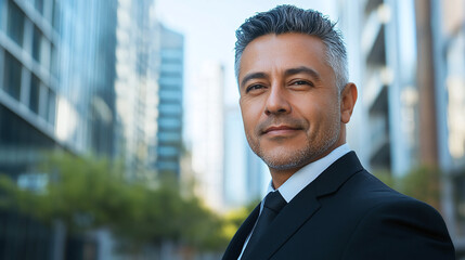 Fototapeta premium Portrait of a mature successful businessman in a suit on the street with office buildings and business centers in the background