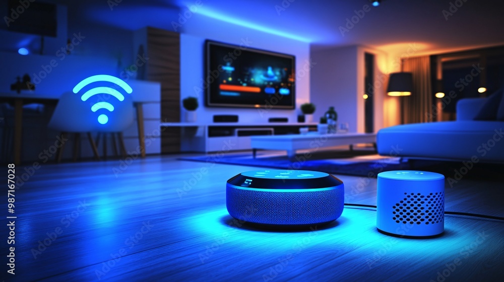 Leinwandbilder a modern living room equipped with smart devices like voice-controlled speakers a smart tv and autom