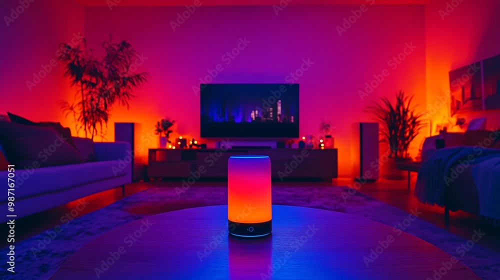Poster a modern living room equipped with smart devices like voice-controlled speakers a smart tv and autom