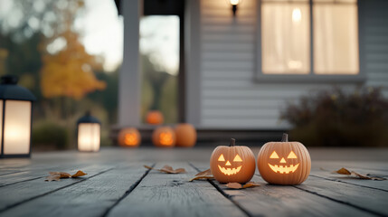 Fototapeta premium Spooky Halloween pumpkins glow warmly on wooden porch, surrounded by autumn leaves and lanterns, creating festive atmosphere