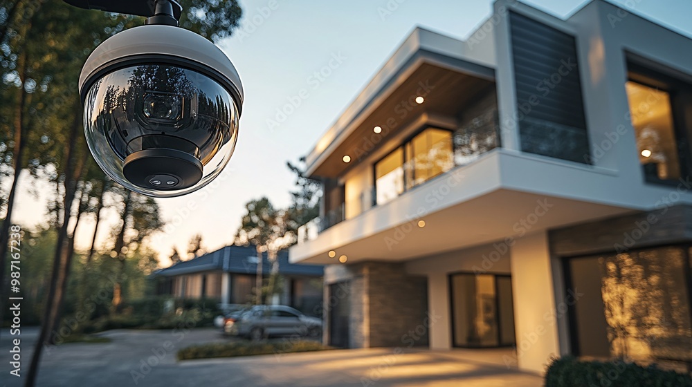Aufkleber A smart security system featuring cameras smart doorbells and remote-controlled locks protecting the house from a distance Large space for text in center Stock Photo with copy space