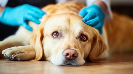Veterinarian examining a golden retriever at the clinic, showing care and attention to the dog lying on the floor.
