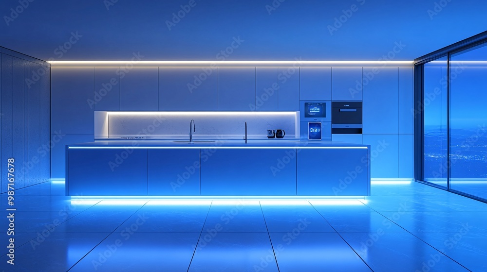 Aufkleber a futuristic home environment with connected kitchen appliances and smart lighting all controlled th