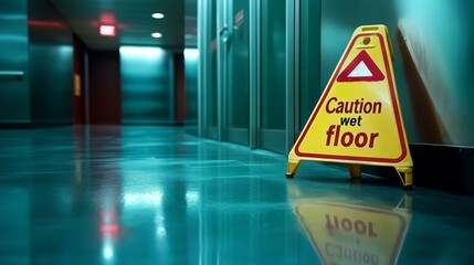 Wet floor caution sign in a hallway, highlighting safety measures to prevent accidents and ensure workplace safety in a modern building.