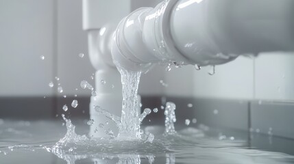 Water leaking from a white plastic pipe onto the floor, highlighting plumbing issues and the need for repair or maintenance.