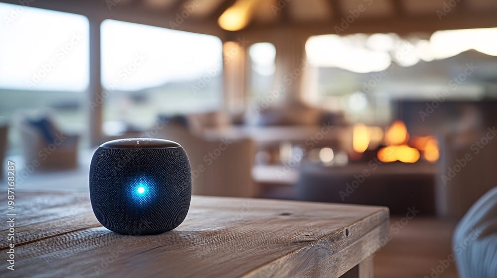 Poster A luxurious living space where smart speakers control the environment including music lighting and temperature through simple voice commands Large space for text in center Stock Photo with copy space